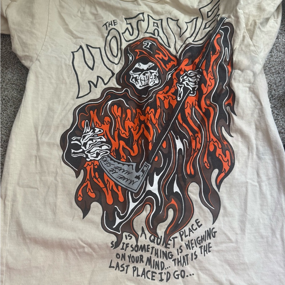 Graphic Short Sleeve Tee - Beige with Orange & Black Skull Design